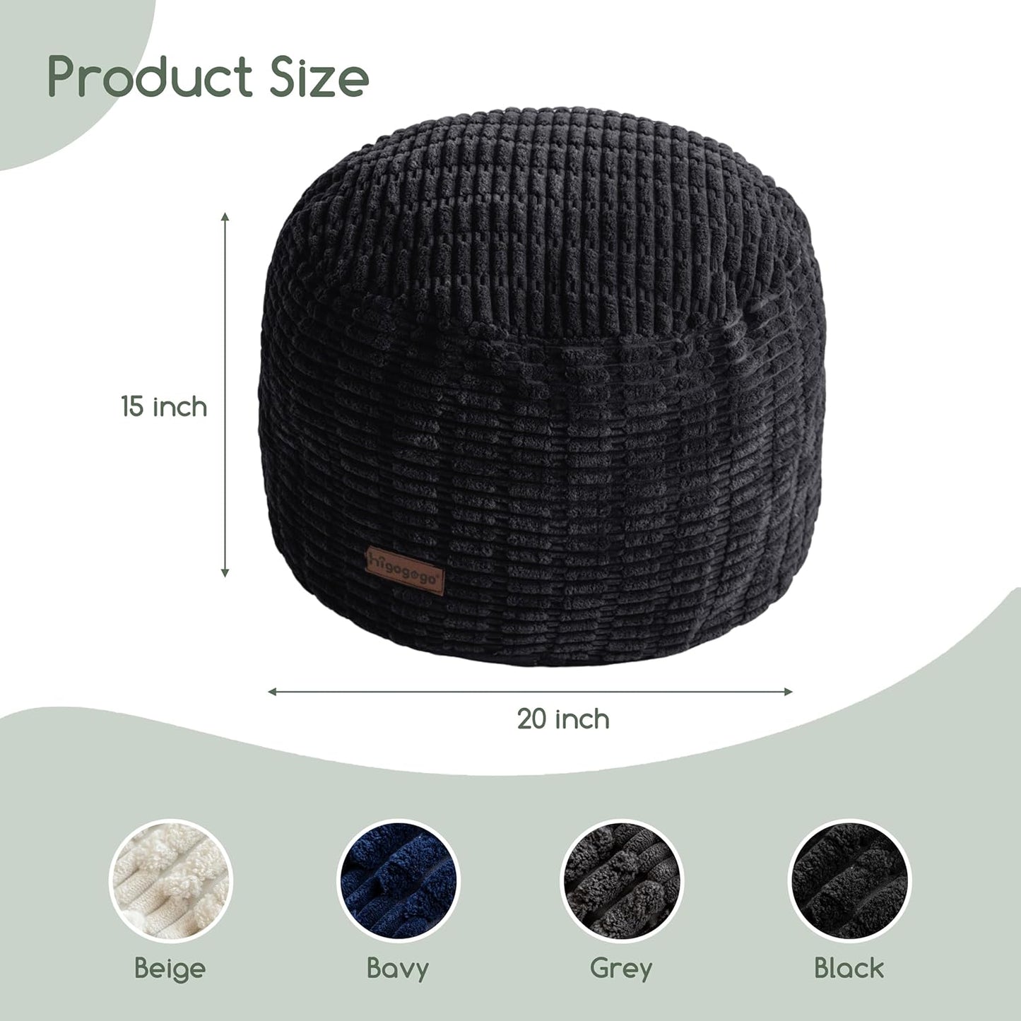 HIGOGOGO Pouf Ottoman Stuffed Round Modern Foam Filled Foot Rest Poufs for Living Room Chair Decorative 20 X 15 Inches Boho Relax Stool for Wedding Christmas Party, Black