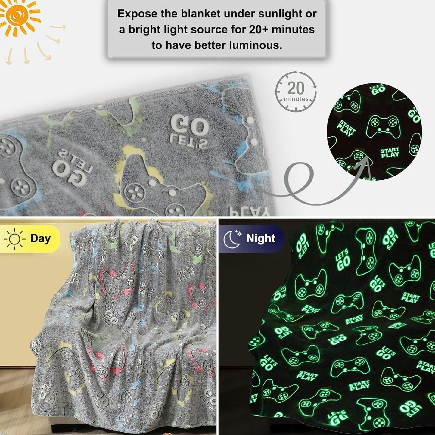 Jekeno Glow in The Dark Gaming Blanket Gamer Game Controller Throw Gift Toys for Boys Adults Men Women Gamepad Presents Birthday Halloween Christmas Bedroom Decor Luminous Blanket Grey 60"x80"