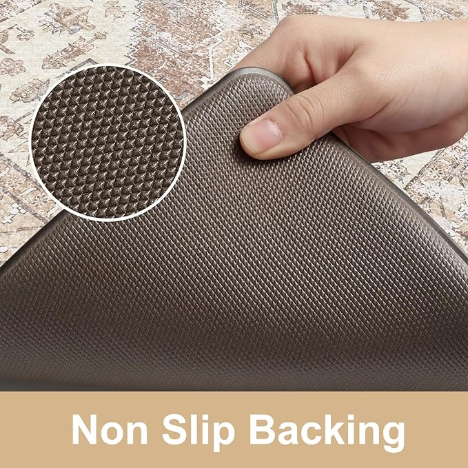 KIMODE Anti Fatigue Kitchen Mats for Floor,17.3" x 29" Cushioned Boho Vintage Kitchen Rugs,Non-Slip Waterproof Kitchen Sink Standing Mat Wipe Clean for Kitchen,Laundry Floor,Mutil-Khaki