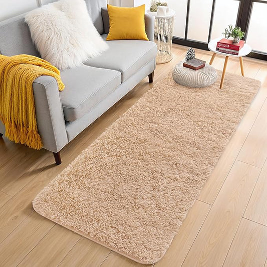 OLANLY 2x8 Machine Washable Runner Rugs for Hallway, Soft Fluffy Shaggy Bedside Rugs for Bedroom, Living Room, Indoor Floor Carpet for Kids Girls and Boys, Nursery Rooms, Home Decor Aesthetic, Beige