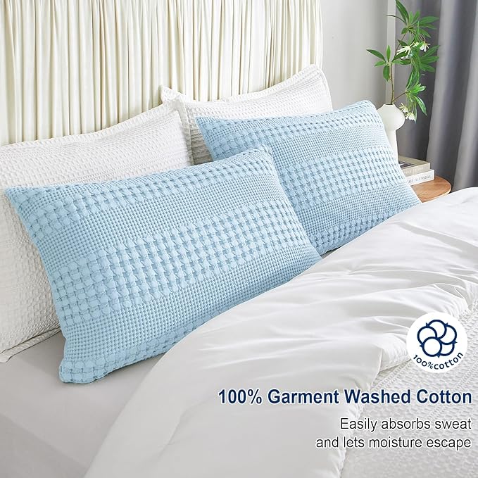 PHF 100% Cotton Waffle Pillow Shams Queen Size, 2 Pack 20" x 30" Soft Skin-Friendly Pillowcases, No Filling, Aesthetic Woven and Breathable Waffle Weave Pillow Case Covers for Bed, Baby Blue