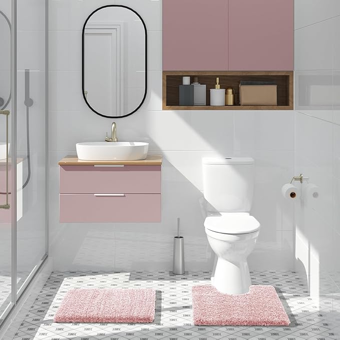 Yimobra Light Pink and White Bathroom Rugs Non Slip Washable 24x17, Ultra Soft and Water Absorbent Bath Mats, Plush Fluffy Shower Mat Outside, Microfiber Thick Matts for Bathroom Floor/Sink