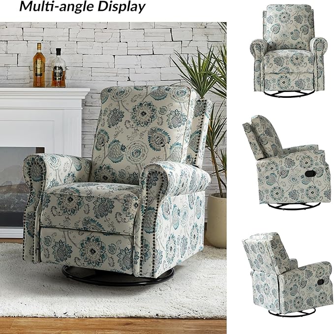 HULALA HOME Modern Rocker Recliner, Printed Fabric Swivel Glider with Adjustable Backrest & Footrest, Comfy Upholstered Manual Recliner Chair Home Theater Singe Sofa for Bedroom Living Room, MEDALLION