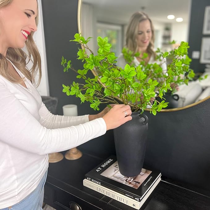 12 Inch Tall Black Ceramic Vase, with 5 Branches of 25 Inch Faux Artificial Vibrant Greenery Stems Set, Textured Minimalist Jug, Fake Stem Plants, Decorative Farmhouse, Console Table Centerpiece Decor