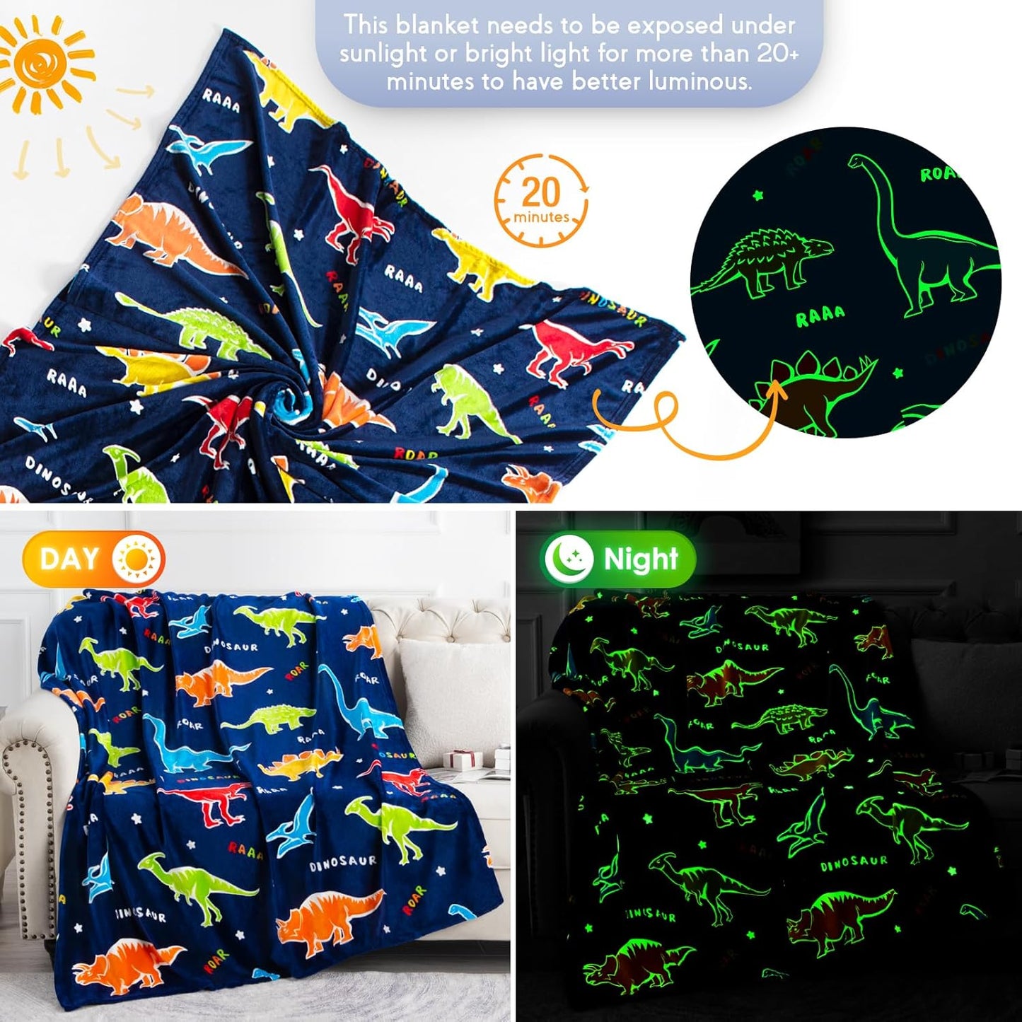 Jekeno Dinosaur Glow in The Dark Blanket Dino Throw for Kids Boys Girls Birthday Christmas Age 3-18 Years Old Teens Child Toddler Son Easter Halloween Blanket Navy Blue 60"x80"
