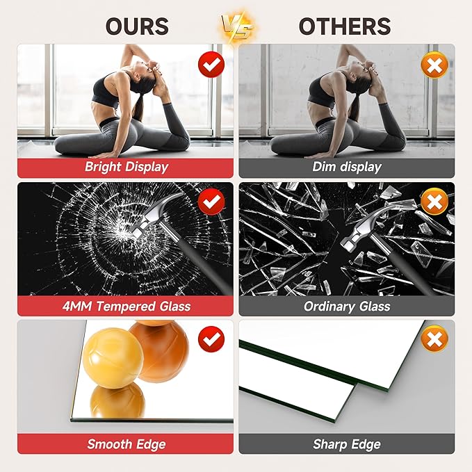 Home Gym Mirror, 55'' x 17'' x 3PCS, Large Full Body Mirror for Yoga, Frameless Tempered Glass, Wall Mounted for Home Gym, Garage, Bedroom, Bathroom