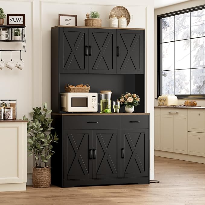 HOSTACK 71" Pantry Cabinet with Charging Station, Tall Kitchen Pantry Storage Cabinet with Microwave Stand, Farmhouse Kitchen Hutch with Storage Drawers for Living Room, Dining Room, Black