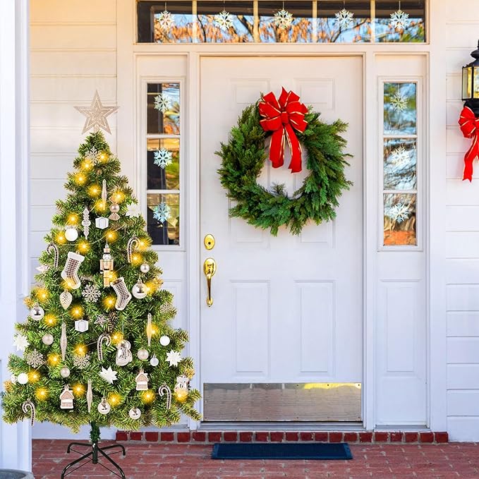 5ft Artificial Christmas Tree with Lights and Ornaments, Prelit Xmas Tree with Hanging Balls (8 Modes) for Home Holiday Decoration, Champagne+White