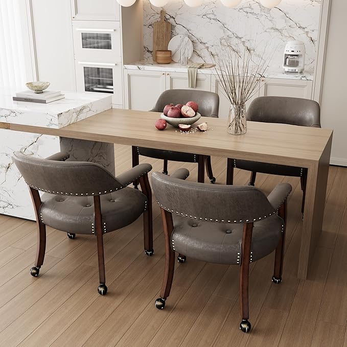 MODERION Modern Brown Solid Wood Boss Caption's Dining Chairs, Office Desk Chairs with Wheels, Arms, and High Back, 31.5H for Living Room Retro SY1533DK