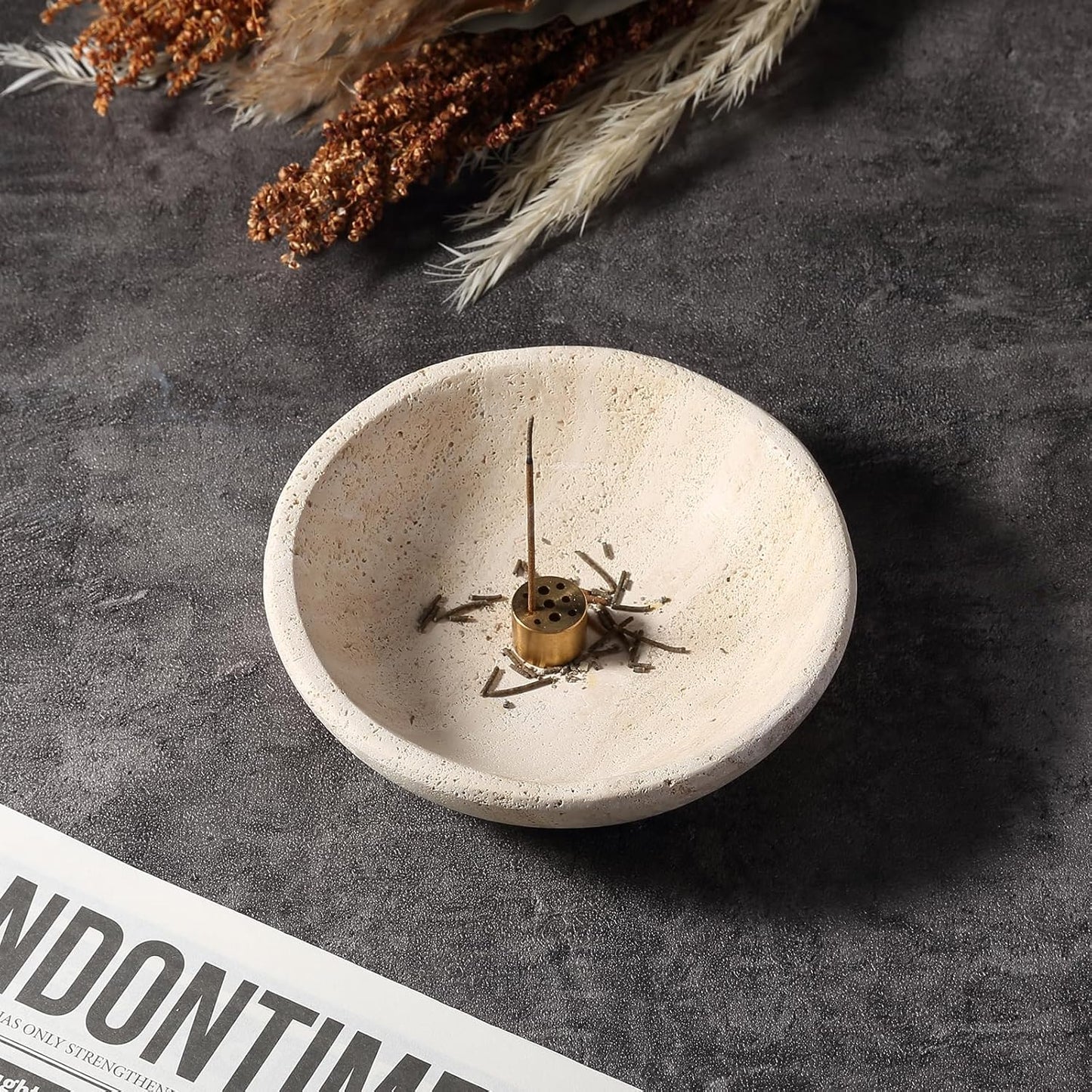 Koville Natural Marble Incense Holder, Incense Holder for Sticks with 9 Holes, Handmade Incense Burner Ash Catcher for Meditation Yoga SPA, Balsam Fir/Palo Santo/Sage/Cone (Travertine)