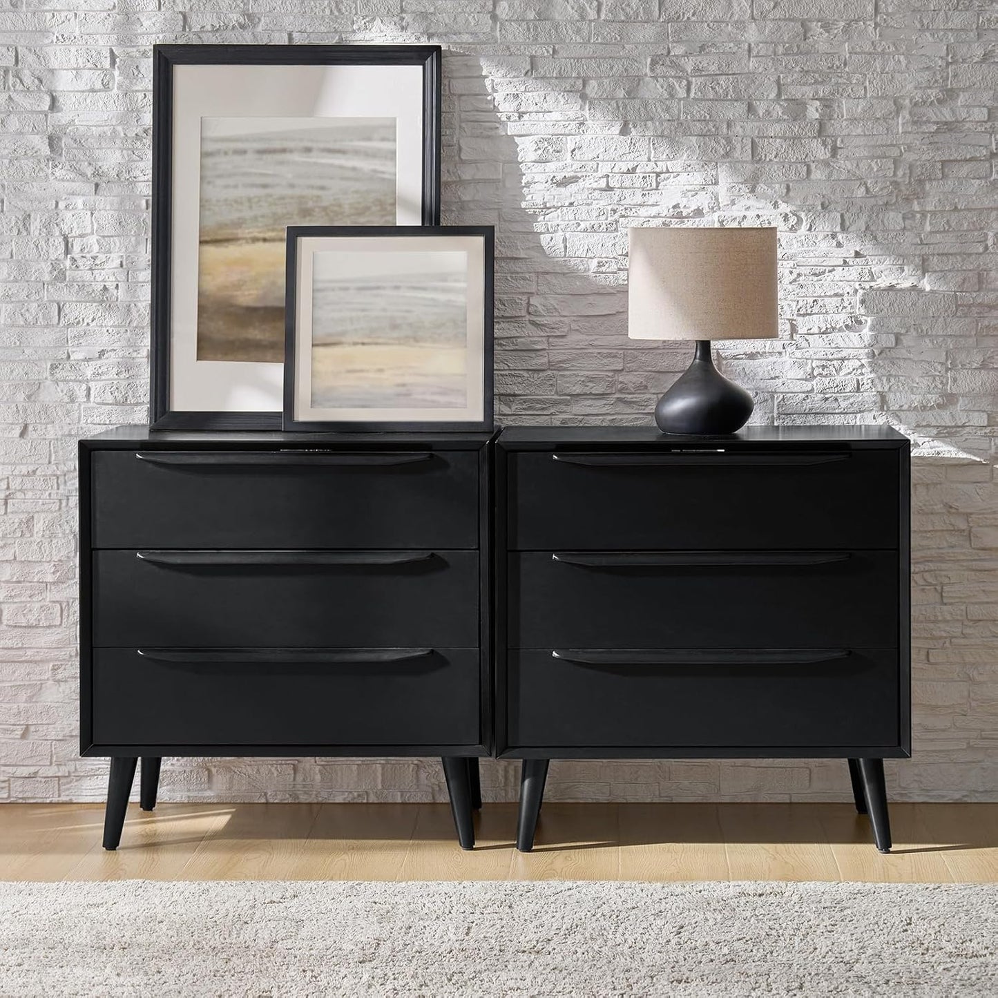 HULALA HOME Mid-Century Modern Nightstand Set of 2, 3-Drawers Nightstand with Charging Station(Black)