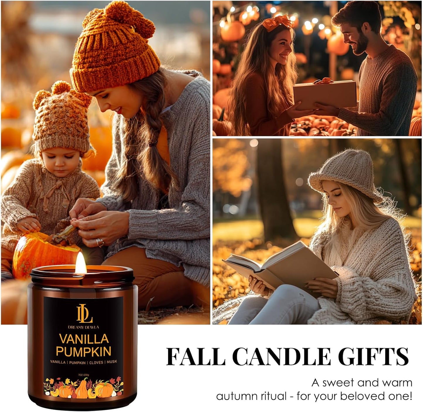 Fall Candle | Vanilla Pumpkin Scented Candle - Autumn Home Decor, 7oz Autumn Soy Candles with 50hr Burn Time, Holiday Thanksgiving Fall Gifts for Women Men
