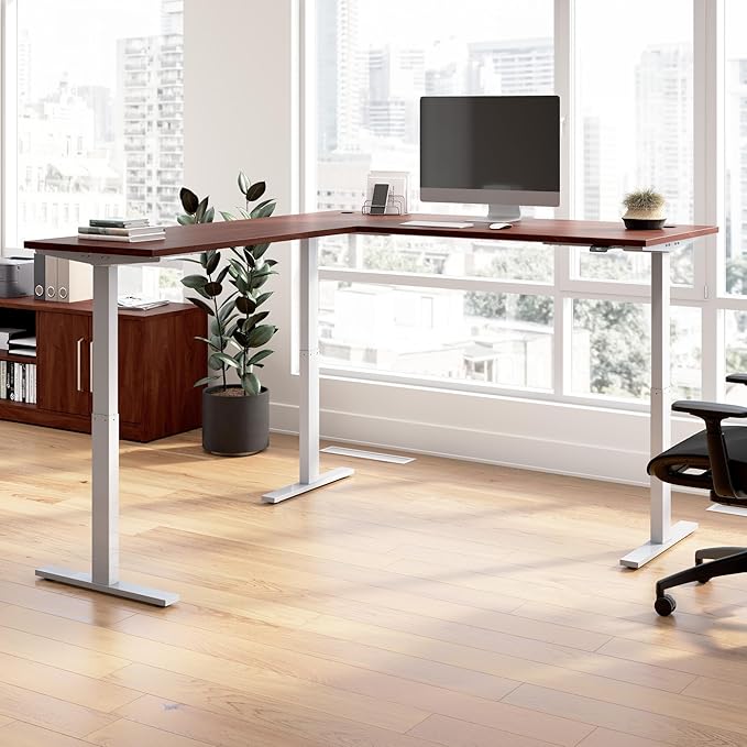 Bush Business Furniture 72-inch Height Adjustable L Shaped Standing Desk, Electric Sit-Stand Corner Computer Table, Ergonomic Office, Move 60 Series, Hansen Cherry with Metallic Gray Base