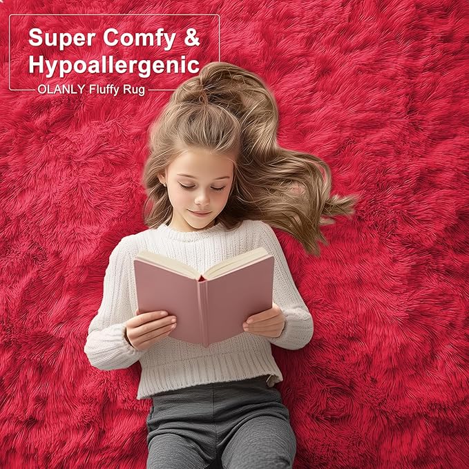 OLANLY Area Rugs for Living Room Bedroom, Machine Washable 4x5.9 ft Soft Fluffy Shaggy Bedside Rug, Indoor Floor Carpet for Kids Girls and Boys, Dorms, Nursery Rooms, Home Decor Aesthetic, Red
