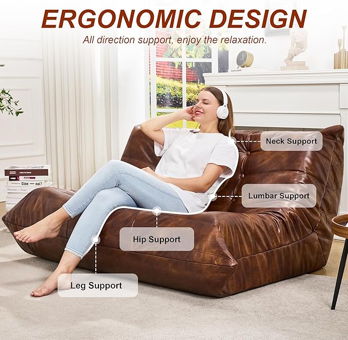 Hobestluk Bean Bag Chair Giant Bean Bag Sofa 2 Seater Bean Bag Chairs for Adults, Loveseat Floor Chair, Leather Bean Bag Chairs for Living Room Bedroom Dorm (Brown, Loveseat)