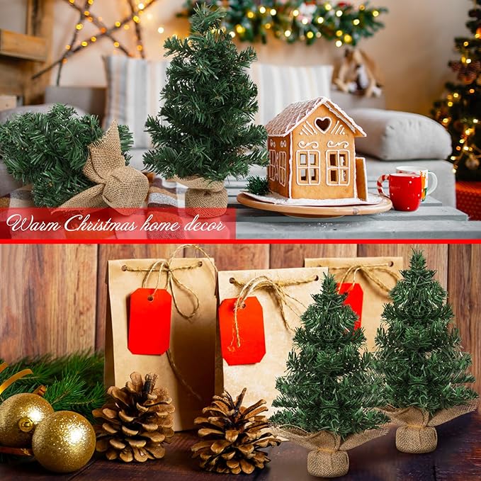 Yinder Tabletop 2 Pcs Mini Christmas Tree 7.87 Inch Artificial Mini Xmas Miniature Pine Christmas Tree with Linen Base for Xmas Holiday Decorations Indoor Home Kitchen Dining Table