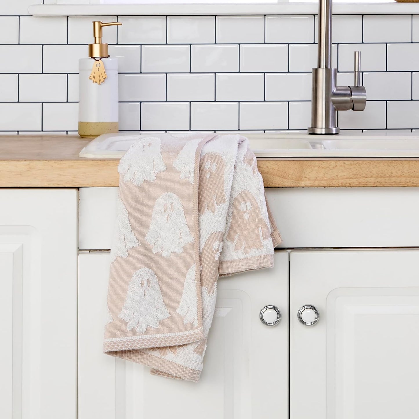 SKL Home Halloween Ghost Jacquard 100% Cotton Reversible 2pc Hand Towel Set, Soft & Absorbent, Decorative for Bath/Kitchen/Bar & Gift, Tan