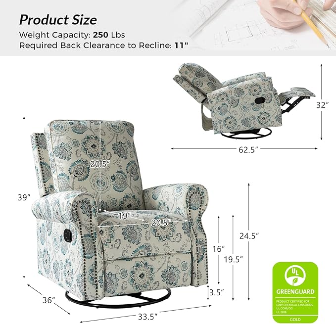 HULALA HOME Rocker Recliner Set of 2, Modern Printed Fabric Swivel Glider w/Adjustable Backrest & Footrest, Upholstered Manual Recliner Chair Home Theater Singe Sofa for Living Room Bedroom, MEDALLION