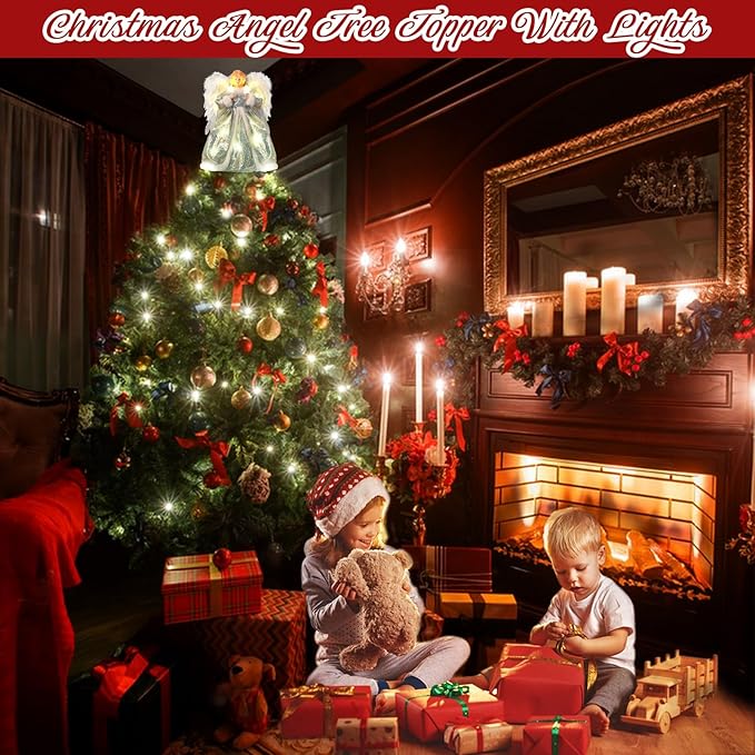 Angel Christmas Tree Topper with Lights, Lighted Tree Toppers Christmas Decorations, Elegant and Durable, Perfect for Holiday Home Decor and Gifts, Silver, WOKEISE