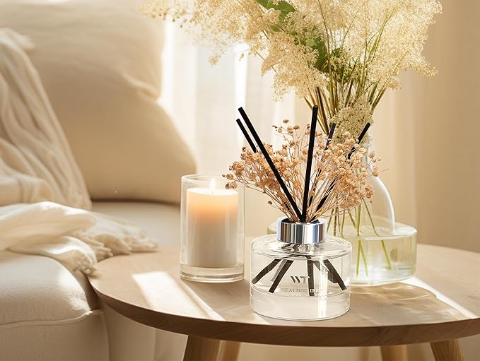 WEALD TRIBE Flower Reed Diffuser Set Vanilla Cinnamon Scent for Bathroom Accessories Shelf Decor & Air Fresheners, Fresh Air Sticks Defusers with 5.1 fl oz Essential Oils, House Office Decor & Gifts