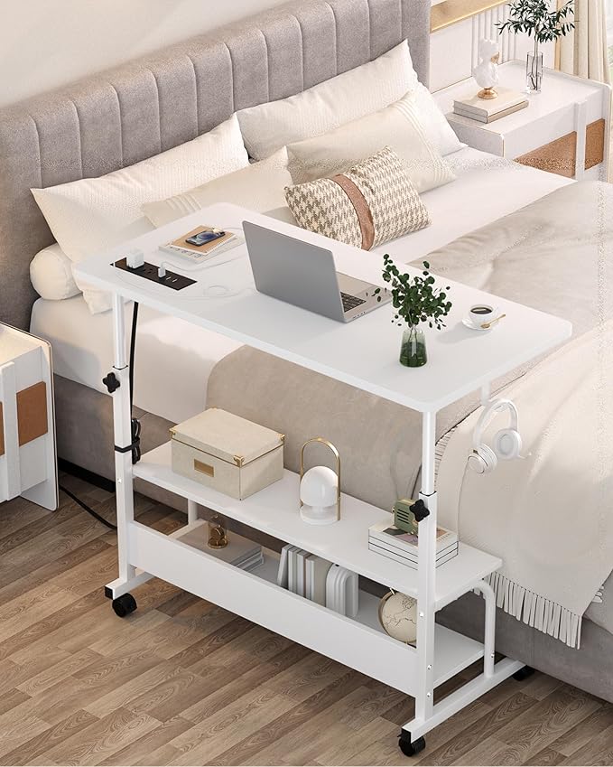 Armocity Height Adjustable Standing Desk with Power Outlets, 32" Manual Stand Up Desk with Storage Shelves Small Mobile Rolling Computer Desks Portable Laptop Table with Wheels for Home Office, White