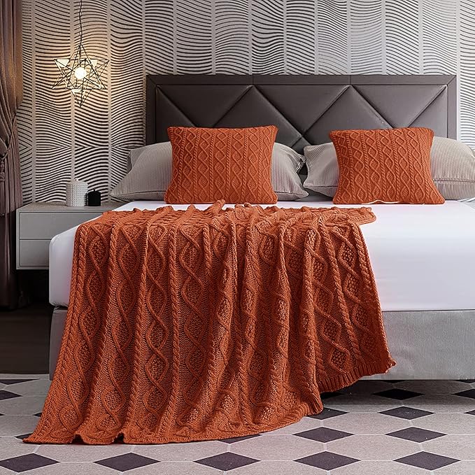 Homiest Acrylic Cable Knit Throw Blanket and Pillow Set, Sage Green, 50 x 60 Inch Blanket & 18 x 18 Inch Pillow, 3-Piece Modern Geometric Blanket Set for Couch, Bed, Travel