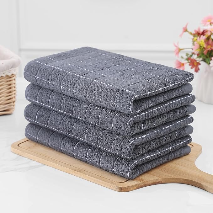 Homaxy 100% Cotton Terry Kitchen Towels(Dark Grey, 20 x 28 inches), Checkered Designed, Soft and Super Absorbent Dish Towels, Large 4 Pack