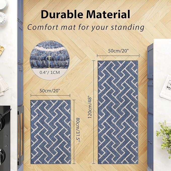 hicorfe Kitchen Rugs and Mats Sets,Non-Slip 2 Pieces Absorbent 100% Polypropylene Rug,Comfort Kitchen Runner Mat,Washable for Kitchen,Sink,Laundry(20" x 31.5" Plus 20" x 48",Navy Blue)