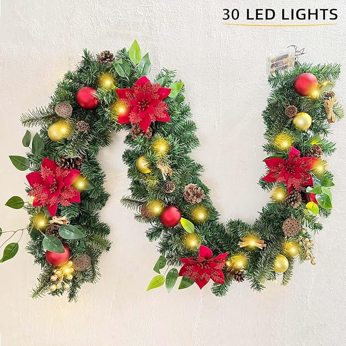 WANNA-CUL Pre-lit 6 Feet Christmas Garland with Lights for Front Door, Red Gold Ligthed Christmas Mantel Garland Decoration with Ball Ornaments,Dry Lotus, Battery Operated 30 LED