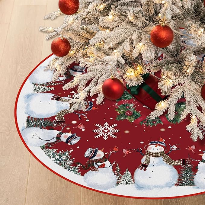 Snowman Christmas Tree Skirt 48 Inches, Red Backgrond Snowflake Pencil Tree Skirt, Winter Xmas Tree Mat Decorations for Home Party Holiday Decorations