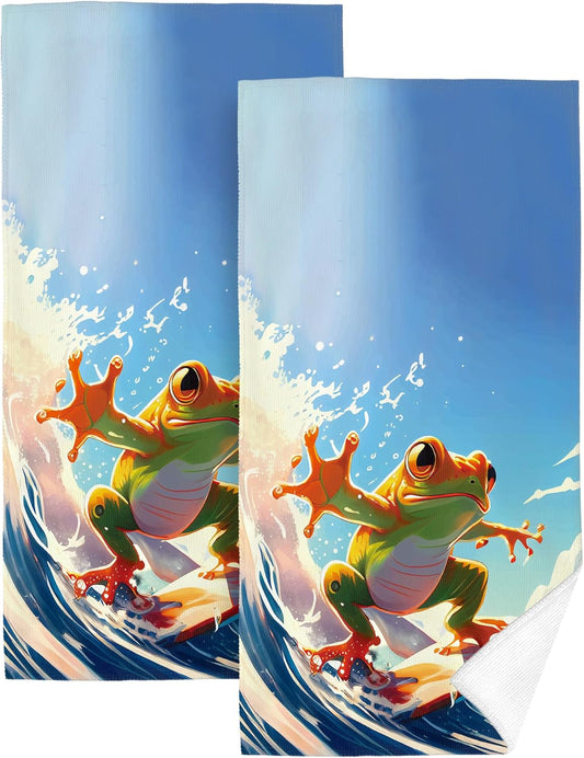 Cute Frog Surfing Bathroom Decor Hand Towel Set, Soft Absorbent Blue Bath Hand Towels for Bathroom Decorative, Funny Hand Towels for Kitchen Home Gym Yoga Spa 14"x28"