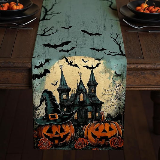 Halloween Table Runner with Haunted Castles, Bats & Pumpkins, Table Decoration for Dining Party and Home Decor,36x13 inches
