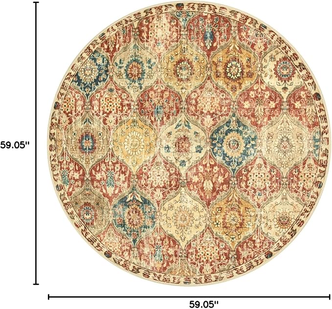 Lahome Moroccan Trellis Washable Round Area Rug, Round Rug 5ft Soft Non-Slip, Non-Shedding Distressed Circle Carpet for Bedroom Living Room Bathroom Nursery Kitchen, Red/Orange