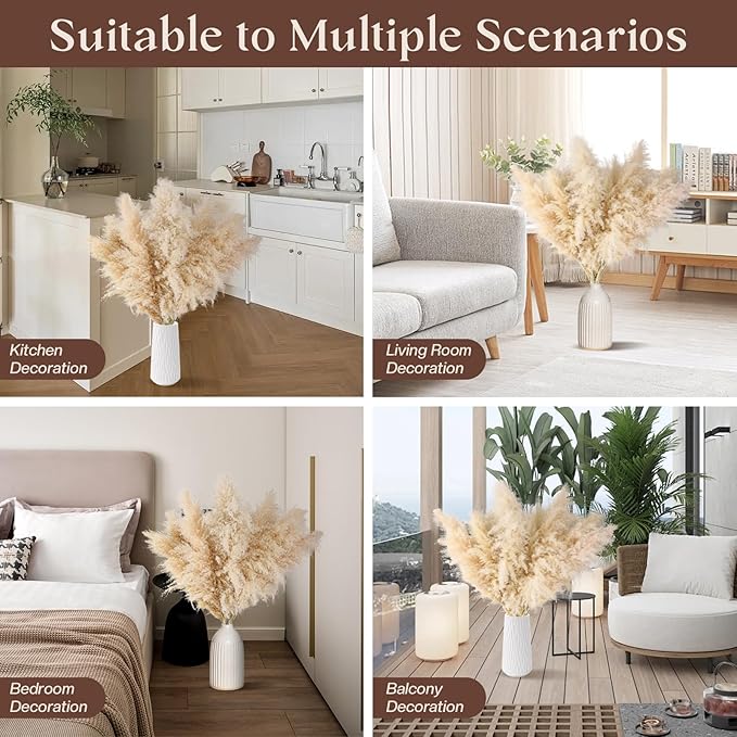 12pcs 40'' Dried Pampas Grass Decor - Tall-Large Pampas Grass - Natural Beige - Boho Home Decor