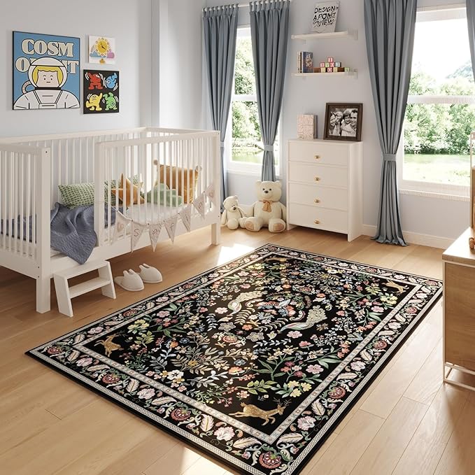 3x5 Rug Washable Area Rug Floral Office Rug Non Slip Small Carpet for Bedroom, Bedside, Kitchen, Entryway, Kids Room, Office (Vibrant Black)