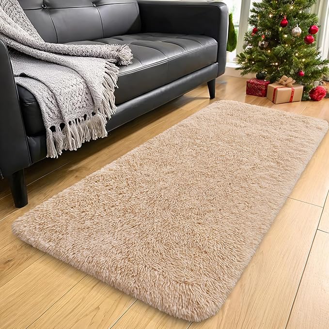 OLANLY 2x8 Machine Washable Runner Rugs for Hallway, Soft Fluffy Shaggy Bedside Rugs for Bedroom, Living Room, Indoor Floor Carpet for Kids Girls and Boys, Nursery Rooms, Home Decor Aesthetic, Beige