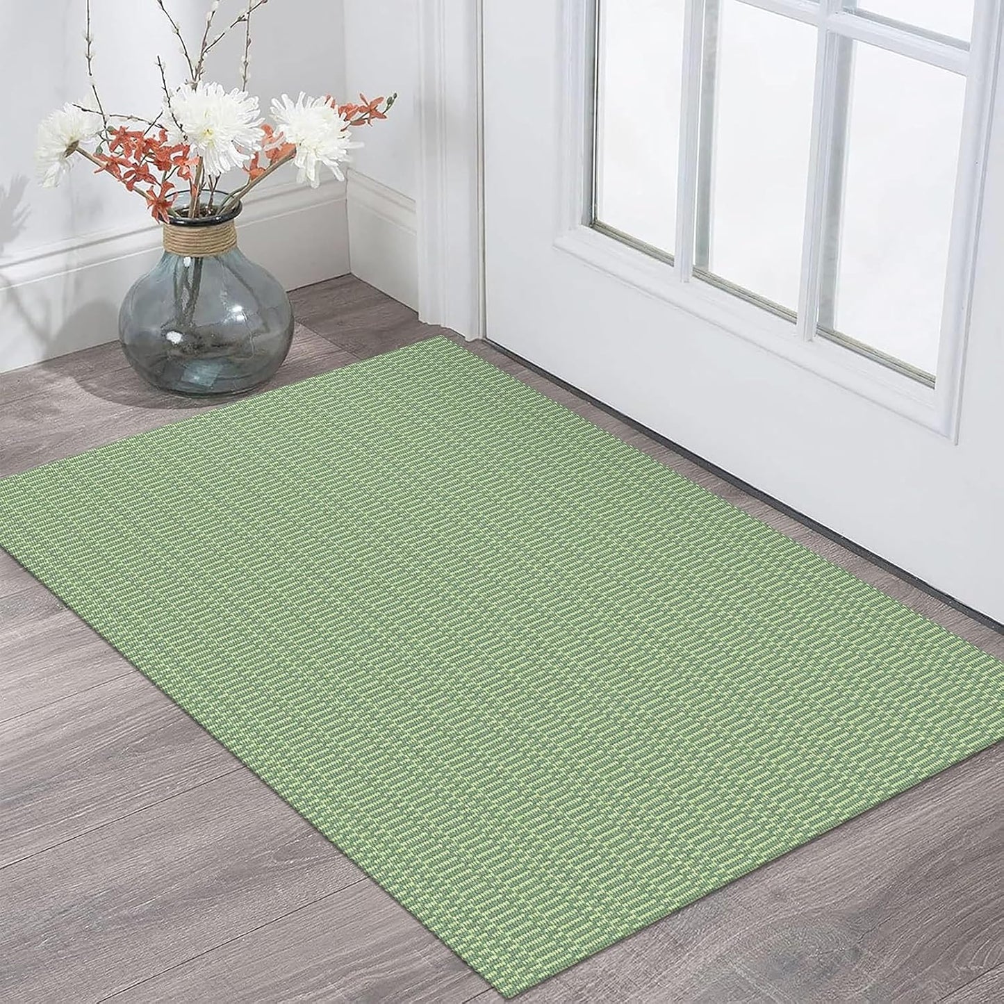 KOZYFLY Washable Area Rug 2x3 Ft Small Entryway Rug Indoor Door Mat Throw Rugs with Rubber Backing, Braided Cotton Floor Carpet for Front Entrance Bathroom Kitchen Foyer, Sage Green