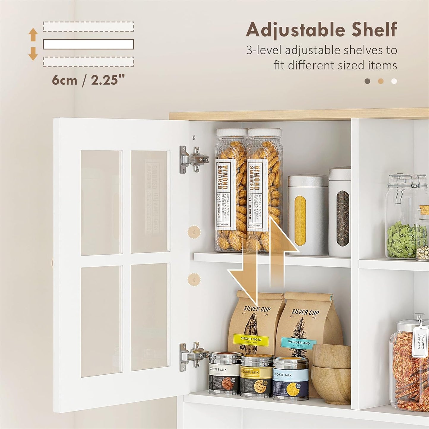 HOMCOM Kitchen Pantry Storage Cabinet, 72" Freestanding Cabinet with Hutch, Large Countertop, Glass Doors and Adjustable Shelves for Dining Room, Pure White