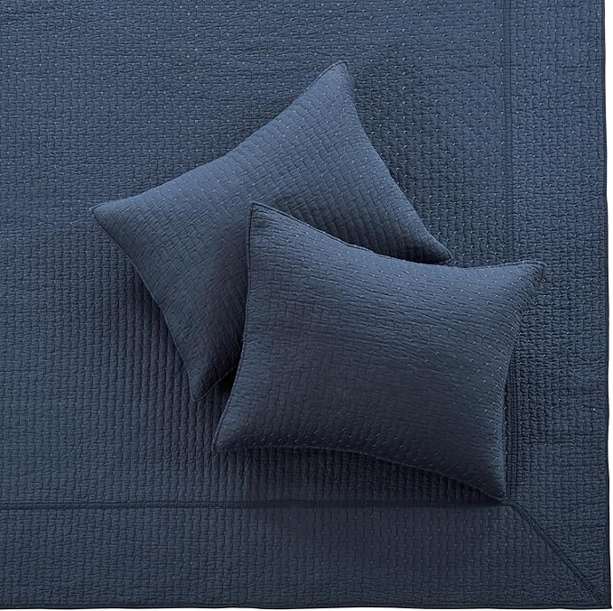 Levtex Home Cross Stitch Reversible Queen Bedspread Set (104x106in) with 2 Pillow Shams (26x20in) - Stitch Texture - Navy - Cotton Queen Size Bedspread Set - Lightweight, Soft, Pre-Washed