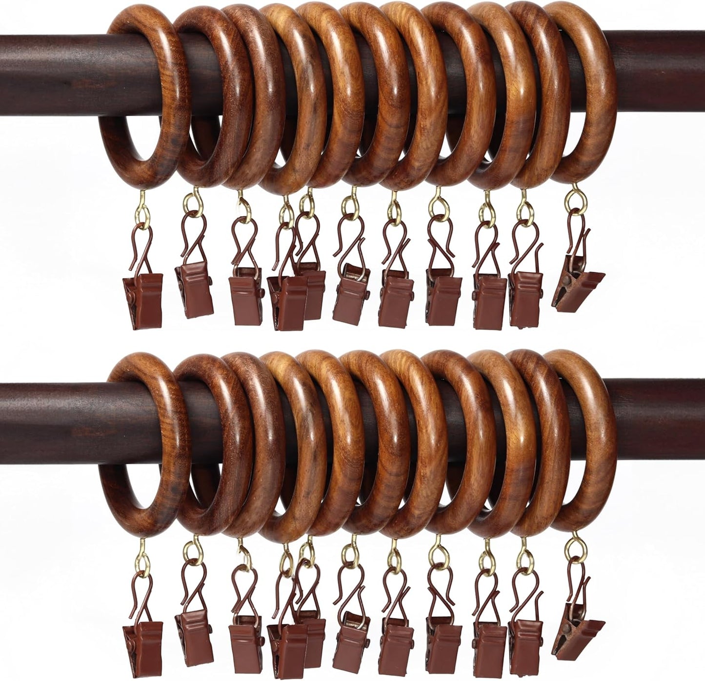 24 Pcs Curtain Rings with Clips Wooden, 2.5 inch for 1-1.5 inch Rod, Window Shower Curtain Hooks, Wood Curtain Rod Wood Curtain Rings with Eyelet, Drapery Rings, (24, 1.75 INCH Inner Dia)