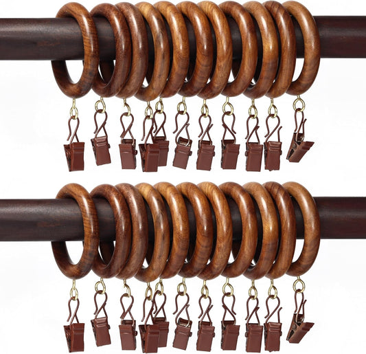 24 Pcs Curtain Rings with Clips Wooden, 2 inch for 1 inch Rod, Window Shower Curtain Hooks, Wood Curtain Rod Wood Curtain Rings with Eyelet, Drapery Rings, (24, 1.25 INCH Inner Dia)