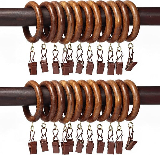 50 Pcs Curtain Rings with Clips Wooden, 3.5 inch for 1.5-2.5 inch Rod, Window Shower Curtain Hooks, Wood Curtain Rod Wood Curtain Rings with Eyelet, Drapery Rings, (50, 2.7 INCH Inner Dia)