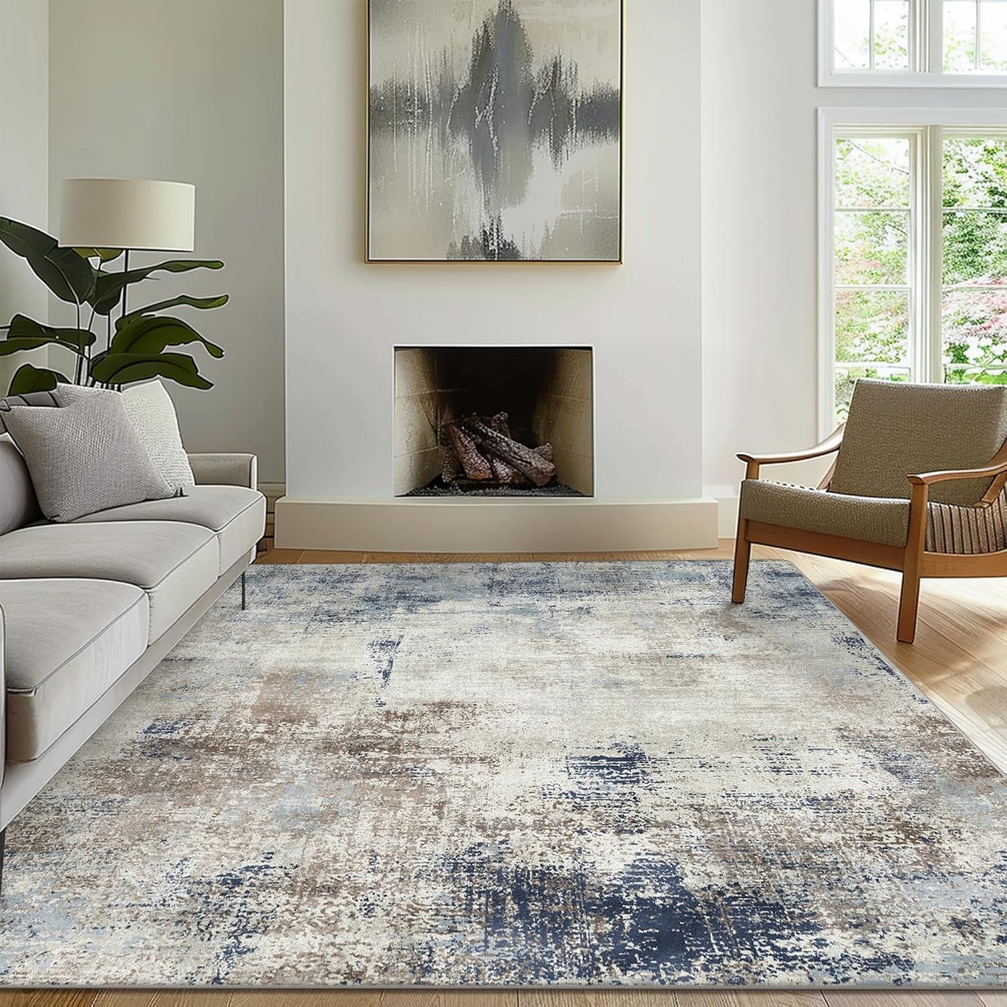 Area Rugs 3x5 Machine Washable Rug for Bedroom Living Room, Large Modern Abstract for Dining Room, Indoor Low Pile Carpet Soft Rugs with Non Slip Rubber Backing, Abstract Blue Gray