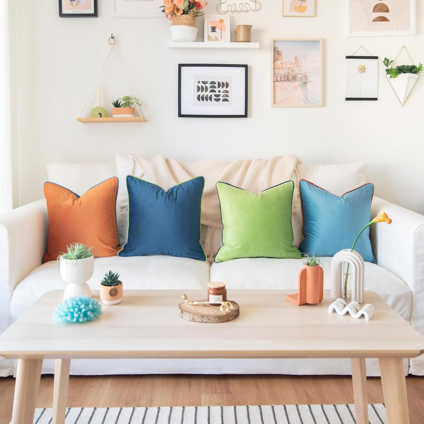 MONDAY MOOSE Decorative Throw Pillow Covers Cushion Cases, Set of 4 Soft Velvet Modern Double-Sided Designs, Mix and Match for Home Decor, Pillow Inserts Not Included (18x18 inch, Blue/Orange)