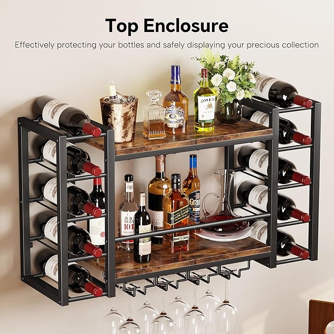 Wall Mounted Wine Rack, Bottle & Glass Holder, Wood & Metal Wine Shelf Storage with Top Enclosure, Heavy Duty Bar Decor for Home, Kitchen, Bar (31.9" x 9.8" x 19.7")