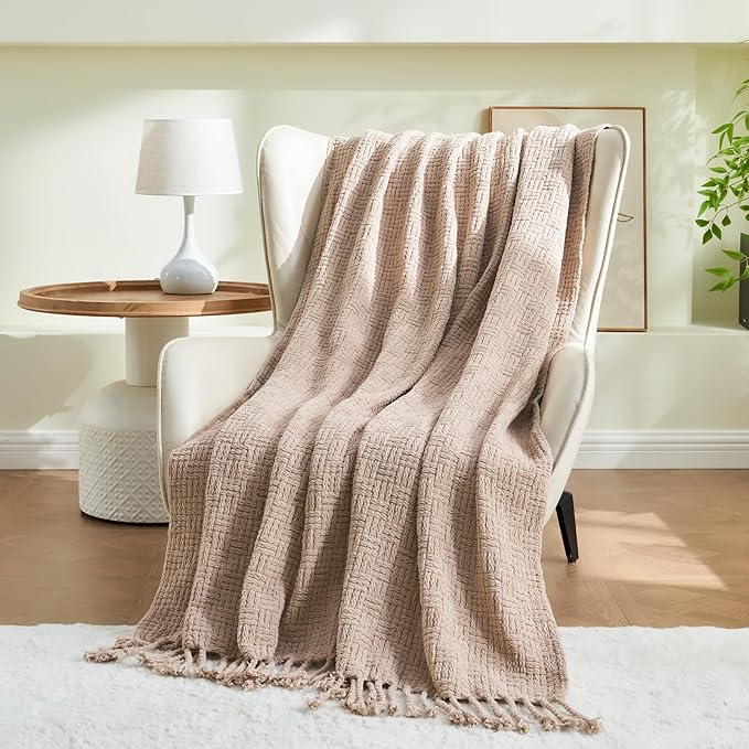 lifein Throw Blanket for Couch - Boho Throw Blanket, Knit Woven Blanket, Soft Decorative Blankets&Throws with Tassels for Bed,Sofa,Chair,Home Decor (Beige, 50 * 60, Waffle)