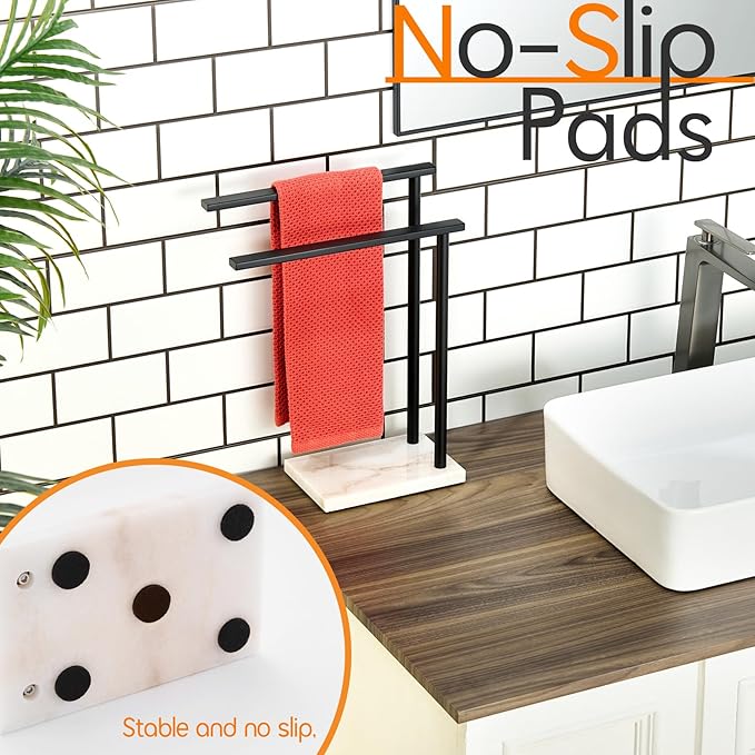 Towel Racks Matte Black Free Standing 2-Tier Hand Towel Holder for Bathroom Vanity Countertop with Thicken Steady Marble Base, Stainless Steel AN7003MB