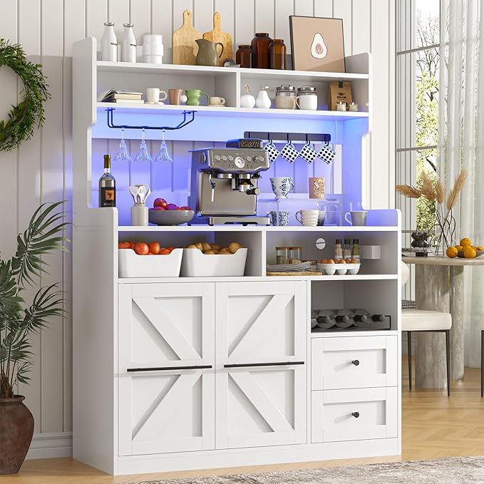 Hutch Storage Buffet Cabinet with Drawers, and Charging Station, Coffee Bar Cabinet with Barn Doors, Wine Rack and Hooks, White Wood Sideboard Buffet for Kitchen, Dining Room, 54.5" High