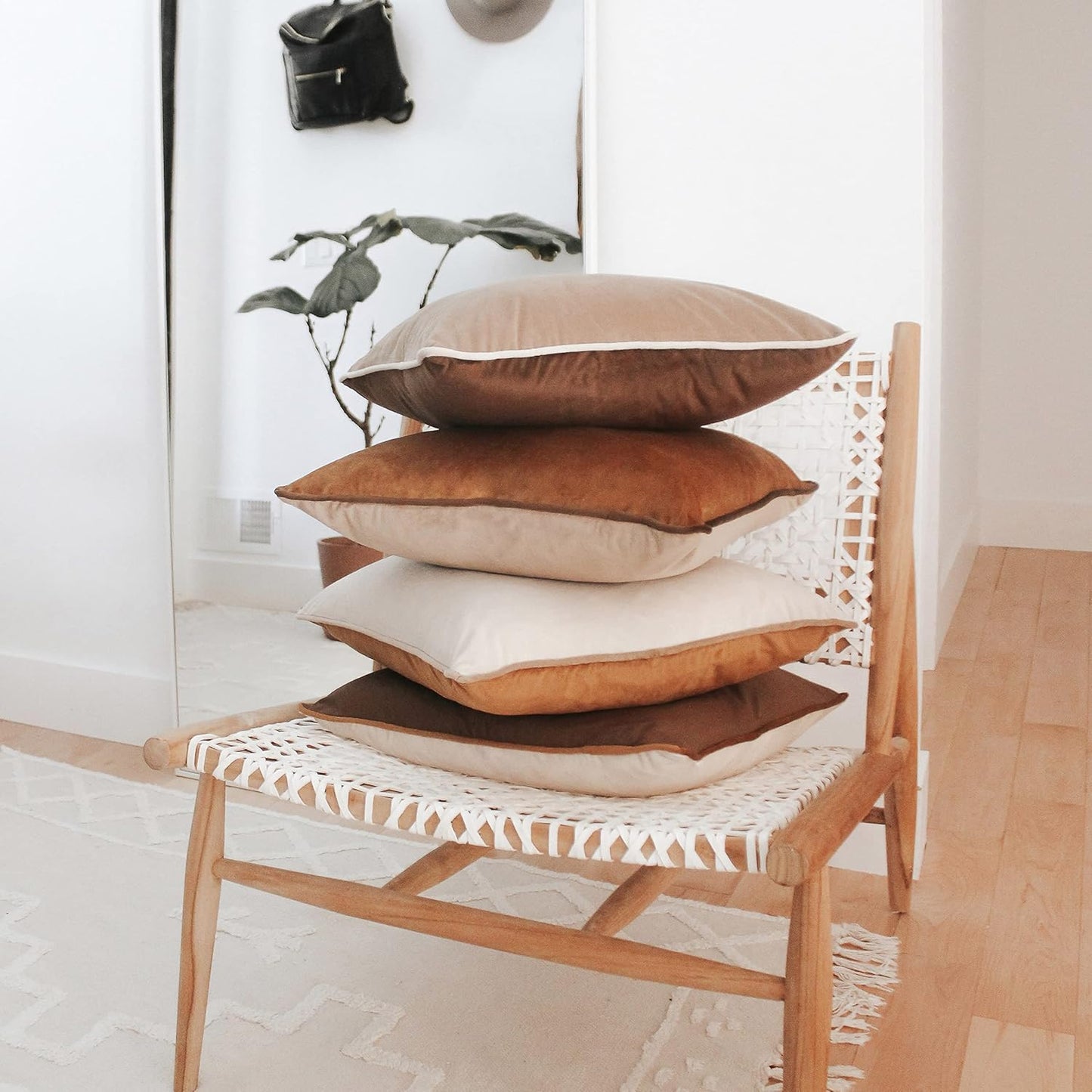 MONDAY MOOSE Decorative Throw Pillow Covers Cushion Cases, Set of 4 Soft Velvet Modern Double-Sided Designs, Mix and Match for Home Decor, Pillow Inserts Not Included (14x14 inch, Brown/Beige)