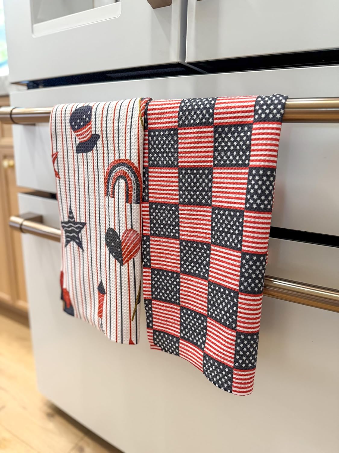 2 Pack|| Double Sided || Not Your Ordinary Kitchen Towels || Dish Towels || Quick Dry || Waffle Weave Microfiber || Designer Prints || Highly Absorbent || Hanging Hook (4th of July Navy)